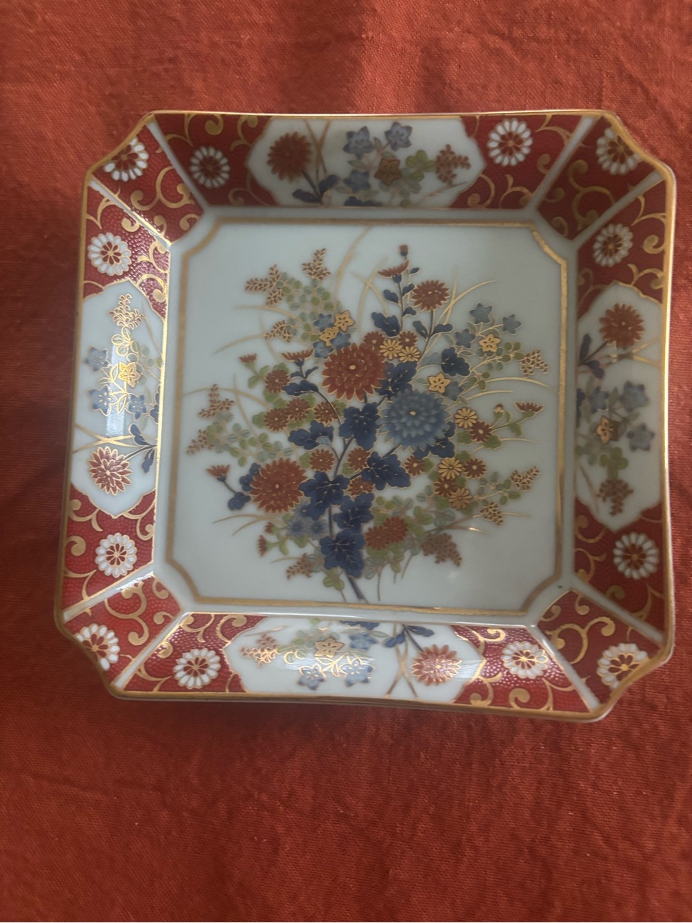 Porcelain Floral Square Trinket Dish in Red and Gold